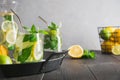 Detox water or lemonade with lemon mint, citrics in glass on wooden table and grey backdrop