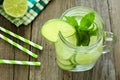 Detox water with lime and cucumbers above view in jar Royalty Free Stock Photo