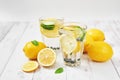 Detox water with sliced lemon, cucumber and blueberries. Diet healthy eating and weight loss. Ice cold summer cocktail or lemonade Royalty Free Stock Photo