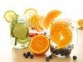 Detox water with various types of fruit in mason jars Royalty Free Stock Photo