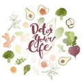 Detox your life. Hand drawn lettering and fruits and vegetables background.