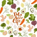 Detox your life. Hand drawn lettering and fruits and vegetables background.