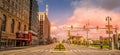 Detroit, MI - Oct 6 2019: Looking down woodward avenue at sunset in the District, downtown detroit. Royalty Free Stock Photo