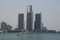 Unidentified people fishing on Detroit River in front of GM Renaissance Center. May 24,20107 in Detroit, MI, USA Royalty Free Stock Photo