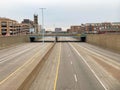 I-75 in Downtown Detroit, Michigan is vacant at Mid-day as Coronavirus scare has Governor enact `Stay At Home Order`