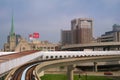 DETROIT, MICHIGAN, UNITED STATES - MAY 22nd, 2018: Riding the `Detroit People Mover` Tramway in Detroit Downtown. The