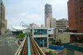 DETROIT, MICHIGAN, UNITED STATES - MAY 22nd, 2018: Riding the `Detroit People Mover` Tramway in Detroit Downtown. The