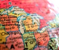 Detroit Michigan USA focus macro shot on globe map for travel blogs, social media, web banners and backgrounds. Royalty Free Stock Photo