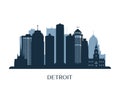 Detroit skyline, monochrome silhouette. Royalty Free Stock Photo