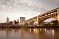 Detroit Superior Bridge over Cuyahoga River and downtown skyline in Cleveland