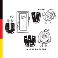 Deutsch alphabet. Door, bird, watermelon. Vector letters and characters