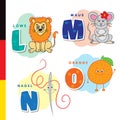 Deutsch alphabet. Lion, mouse, stylus, orange. Vector letters and characters