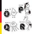 Deutsch alphabet. Olive oil, horse, jellyfish, heron. Vector letters and characters Royalty Free Stock Photo