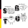 Deutsch alphabet. Snail, white bread, tomato, owl. Vector letters and characters