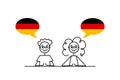 deutsch speakers, cartoon boy and girl with speech bubbles in German flag colors, learning german language vector Royalty Free Stock Photo