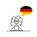 deutsch speaking cartoon girl with speech bubble in flag of Germany colors, female character learning german language