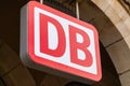 Deutsche Bahn emblem hangs on german train station