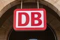 Deutsche Bahn emblem hangs on german train station