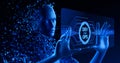 Dev Ops Development Operations and Artificial Intelligence. Human Digital Avatar or AI agent touch screen Royalty Free Stock Photo