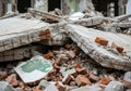 Devastated building debris pile ruined structure after disaster showing broken concrete and bricks Royalty Free Stock Photo