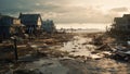 A devastated coastal area with damaged homes and debris scattered along the water, under a cloudy sky