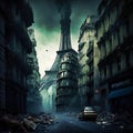 Devastated Post-Apocalyptic Paris with Eiffel Tower