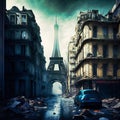 Devastated Post-Apocalyptic Paris with Eiffel Tower