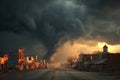Devastated town street after a powerful tornado under a dramatic apocalyptic sky Royalty Free Stock Photo