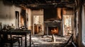 Devastating Aftermath of House Fire: Burnt Interior with Lingering Flame Royalty Free Stock Photo