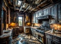 Devastating Aftermath of a House Fire Charred Kitchen Interior a Striking Visual of Destruction and Loss Royalty Free Stock Photo
