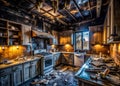 Devastating Aftermath of a Night Kitchen Fire A Gripping Look at House Fire Damage and the Impact on Royalty Free Stock Photo