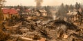 Devastating aftermath of residential area destroyed by fire with smoke rising from ruins Royalty Free Stock Photo