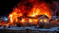 A devastating fire engulfs a house, flames and smoke consuming the structure under the night sky. The intense blaze highlights the Royalty Free Stock Photo