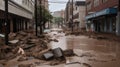 Devastating Flood Waters Carry Mud and Debris Through City Streets.