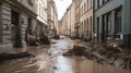 Devastating Flood Waters Carry Mud and Debris Through City Streets.