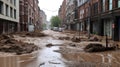 Devastating Flood Waters Carry Mud and Debris Through City Streets.