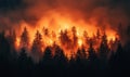 Devastating forest fire engulfing trees in flames and smoke during wildfire season Royalty Free Stock Photo