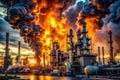 Devastating Oil Refinery Explosion Massive Fire and Black Smoke Cloud Underscores Industrial Safety Concerns Royalty Free Stock Photo