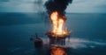 Devastating Oil Rig Fire in the Middle of the Sea: Offshore Platform Burning Catastrophe with Fire and Smoke