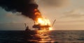 Devastating Oil Rig Fire in the Middle of the Sea: Offshore Platform Burning Catastrophe with Fire and Smoke