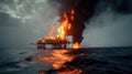 Devastating Oil Rig Fire in the Middle of the Sea: Offshore Platform Burning Catastrophe with Fire and Smoke