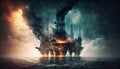 Devastating Oil Rig Fire in the Middle of the Sea: Offshore Platform Burning Catastrophe with Fire and Smoke