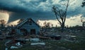 Devastating tornado aftermath revealing destroyed homes and debris in a rural area Royalty Free Stock Photo