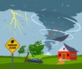 A devastating tornado destroys a house, a roof flies away, trees break. bad weather landscape and a sign of disaster and