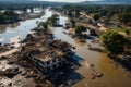 Devastating tsunami, portraying the immense destruction and chaos left in its wake.