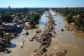 Devastating tsunami, portraying the immense destruction and chaos left in its wake.