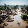 Devastating tsunami, portraying the immense destruction and chaos left in its wake.