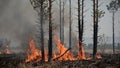 Devastating wildfire consuming forest trees engulfed in flames and smoke billowing Royalty Free Stock Photo