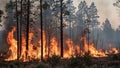 Devastating wildfire consuming forest trees engulfed in flames and smoke billowing Royalty Free Stock Photo