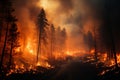 Devastating wildfire raging through dense forest, environmental havoc and ecological threat